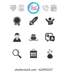 Presentation, report and calendar signs. Online shopping, e-commerce and business icons. Startup, award and customers like signs. Cash money, shipment and sale symbols. Classic simple flat web icons