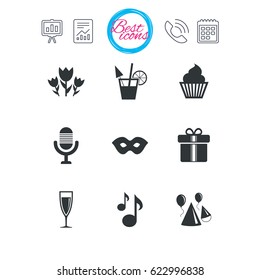 Presentation, report and calendar signs. Party celebration, birthday icons. Cocktail, air balloon and champagne glass signs. Gift box, flowers and carnival symbols. Classic simple flat web icons