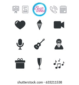Presentation, report and calendar signs. Party celebration, birthday icons. Carnival, guitar and champagne glass signs. Gift box, ice cream and love symbols. Classic simple flat web icons. Vector