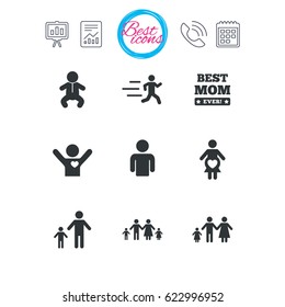 Presentation, report and calendar signs. People, family icons. Maternity, person and baby signs. Best mom, father and mother symbols. Classic simple flat web icons. Vector
