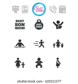 Presentation, report and calendar signs. People, family icons. Swimming, baby and pregnant woman signs. Best dad, runner and fan symbols. Classic simple flat web icons. Vector