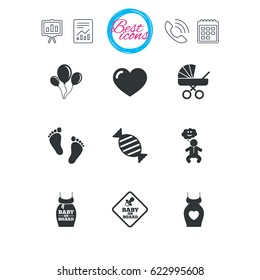 Presentation, report and calendar signs. Pregnancy, maternity and baby care icons. Newborn, strollers and pacifier signs. Footprint, candy and love symbols. Classic simple flat web icons. Vector