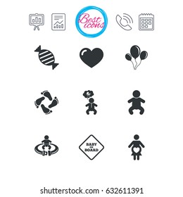 Presentation, report and calendar signs. Pregnancy, maternity and baby care icons. Candy, strollers and fasten seat belt signs. Footprint, love and balloon symbols. Classic simple flat web icons