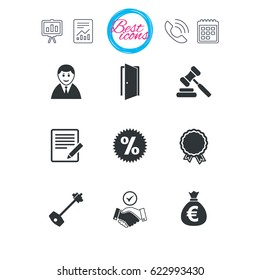 Presentation, report and calendar signs. Real estate, auction icons. Home key, discount and door signs. Business agent, award medal symbols. Classic simple flat web icons. Vector