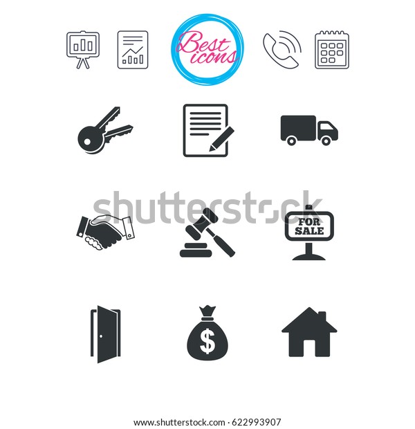 Presentation, report and calendar signs. Real
estate, auction icons. Handshake, for sale and money bag signs.
Keys, delivery truck and door symbols. Classic simple flat web
icons. Vector