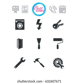 Presentation, report and calendar signs. Repair, construction icons. Electricity, keys and hammer signs. Door, washing machine and service symbols. Classic simple flat web icons. Vector