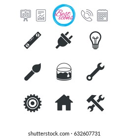 Presentation, report and calendar signs. Repair, construction icons. Hammer, wrench tool and cogwheel signs. Electric plug, lamp and house symbols. Classic simple flat web icons. Vector