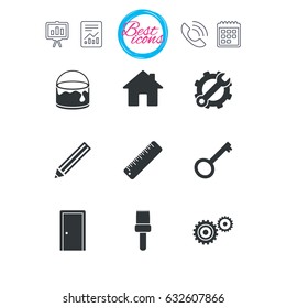Presentation, report and calendar signs. Repair, construction icons. Service, key and door signs. Painting, brush and pencil symbols. Classic simple flat web icons. Vector