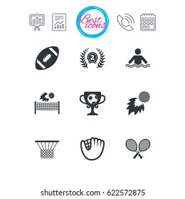 Presentation, report and calendar signs. Sport games, fitness icons. Football, golf and baseball signs. Swimming, rugby and winner medal symbols. Classic simple flat web icons. Vector