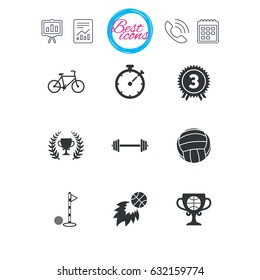 Presentation, report and calendar signs. Sport games, fitness icons. Golf, basketball and volleyball signs. Timer, bike and winner cup symbols. Classic simple flat web icons. Vector