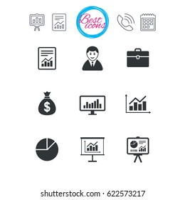 Presentation, report and calendar signs. Statistics, accounting icons. Charts, presentation and pie chart signs. Analysis, report and business case symbols. Classic simple flat web icons. Vector
