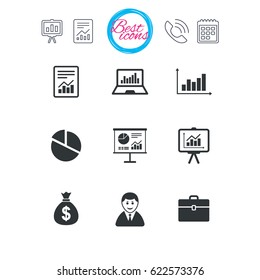 Presentation, report and calendar signs. Statistics, accounting icons. Charts, presentation and pie chart signs. Analysis, report and business case symbols. Classic simple flat web icons. Vector