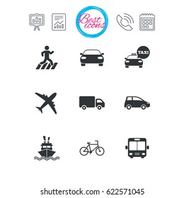 Presentation, report and calendar signs. Transport icons. Car, bike, bus and taxi signs. Shipping delivery, pedestrian crossing symbols. Classic simple flat web icons. Vector