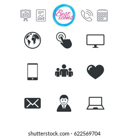 Presentation, report and calendar signs. Web, mobile devices icons. Share, mail and like signs. Laptop, phone and monitor symbols. Classic simple flat web icons. Vector