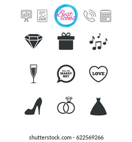 Presentation, report and calendar signs. Wedding, engagement icons. Rings, gift box and brilliant signs. Dress, shoes and musical notes symbols. Classic simple flat web icons. Vector