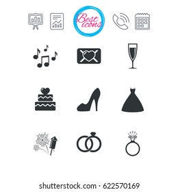 Presentation, report and calendar signs. Wedding, engagement icons. Cake with heart, gift box and vow love letter signs. Dress, fireworks and musical notes symbols. Classic simple flat web icons