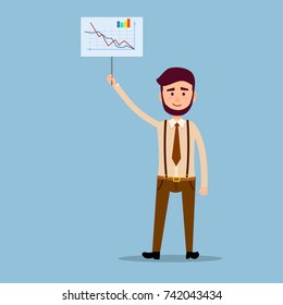 Presentation results of successful work concept. Businessman standing with placard with graphs, curves and diagram raised above his head flat vector. Financial forecast or business plan illustration