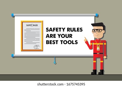 Presentation of Safety campain. Rules are your best tools. Construction flat vector style.