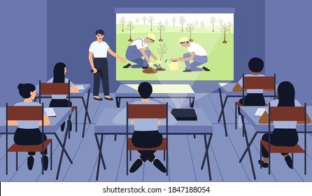 Presentation of a school project on greening the planet. The student demonstrates his work to the class. Multinational class. The projector is showing a movie. Flat vector illustration.