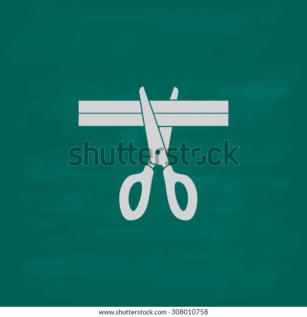Presentation - Scissors and\
Cutting. Icon. Imitation draw with white chalk on green chalkboard.\
Flat Pictogram and School board background. Vector illustration\
symbol