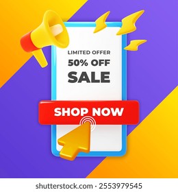 Presentation screen with 3d cursor. Links and sales poster, cartoon style surround speaker, online store, pressing button, glossy render isolated elements, advertising banner vector concept