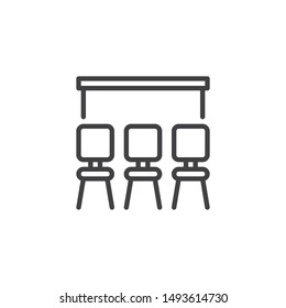 Presentation screen and chairs line icon. linear style sign for mobile concept and web design. Conference meeting room outline vector icon. Symbol, logo illustration. Vector graphics