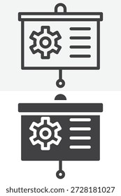 Pantalla de presentación con el icono del engranaje fijado en diverso estilo. Icono de línea, contorno y sólido con signo y Vector de trazo editable. Icono del engranaje de la presentación para la ingeniería.