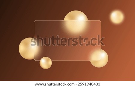Presentation screen with glass overlay effect on floating golden colored spheres. Frosted glass effect on dark background. Glass morphism.