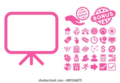 Presentation Screen icon with bonus design elements. Vector illustration style is flat iconic symbols, pink color, white background.