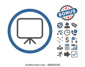 Presentation Screen icon with bonus pictograph collection. Vector illustration style is flat iconic bicolor symbols, cobalt and gray colors, white background.