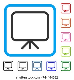 Presentation Screen icon. Flat gray iconic symbol in a blue rounded rectangular frame. Black, gray, green, blue, red, orange color versions of Presentation Screen vector.