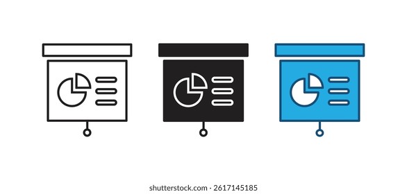 presentation screen icon, Illustration of Projector Line Icon, presentation analytics report icon.