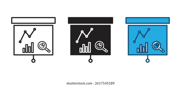 presentation screen icon, Illustration of Projector Line Icon, presentation analytics report icon.