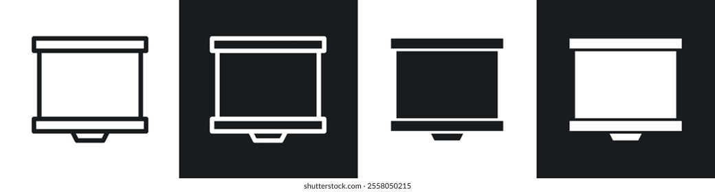 Presentation screen icons pack in black and white filled and outlined versions.