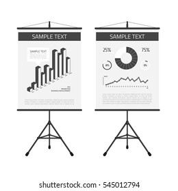 Presentation screen with infographic elements. A board with information, scheme, stock lines and round chart. 
