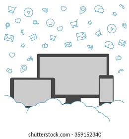 Presentation of screen of a mobile phone mobile app. Cloud technologies and online services on devices. Cloud services for mobile phones. Social networking and media, online technologies and store