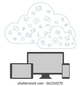 The presentation of the screen of a mobile phone mobile app. Cloud technologies and services on the devices. Cloud services for mobile phones. Social networking and media, technologies and trends