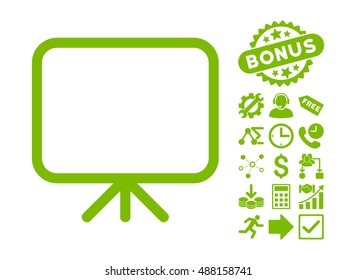 Presentation Screen pictograph with bonus elements. Vector illustration style is flat iconic symbols, eco green color, white background.
