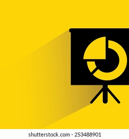 presentation screen with pie chart on yellow background, flat and shadow theme