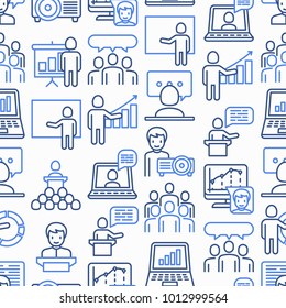 Presentation seamless pattern with thin line icons: seminar, human at tribune, meeting, projector, audience, video call, conference, discussion. Modern vector illustration.