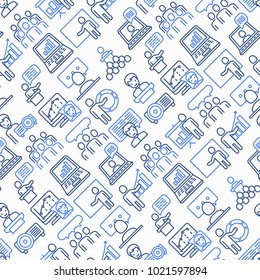 Presentation seamless pattern with thin line icons: seminar, human at tribune, meeting, projector, audience, video call, conference, discussion. Modern vector illustration.