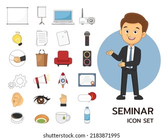 Iconos planos de concepto de presentación o seminario