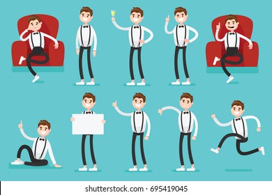 Presentation set of a clerk guy in casual clothes in different poses in armchair. Startup office character for your business project. Vector illustration in a flat style for poster, ads and print