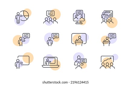 Icono de conjunto de presentaciones. Dar un discurso, flujo de trabajo, conferencia, conferenciante, tribuna, trabajo a distancia, aprendizaje a distancia, conferencia en línea, estrategia, análisis, gráfico circular. Concepto de negocio. Icono de línea del vector.