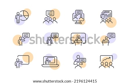 Presentation set icon. Give a speech, workflow, lecture, lecturer, tribune, remote work, distance learning, online conference, strategy, analytics, pie chart. Business concept. Vector line icon.