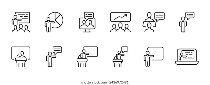 Presentation set icon. Presentation of text, diagrams, empty windows. Saying something, television, the attitude of society, a report. Vector line icon on white background.