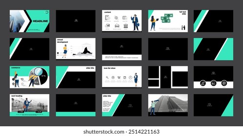 Presentation, Set. A team of people creates a business, teamwork. Business, launching a new financial project. powerpoint, infographic design template, green, black elements. Vector illustration