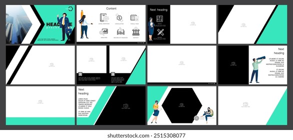 Präsentation, Set. Ein Team von Leuten schafft ein Geschäft, Teamwork. Business, Start eines neuen Finanzprojekts. PowerPoint, Infografik-Designvorlage, grüne, schwarze Elemente. Vektorgrafik