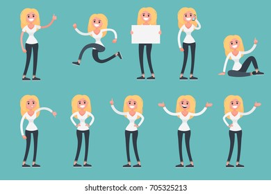 Presentation set of a woman in casual clothes in different poses vector illustration. Thinking, talking student character for your project print idea, web, poster, ads or flyer design flat style