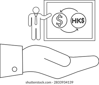 A presentation showing currency exchange between USD and HKD, supported by a hand, symbolizing financial assistance or investment opportunities.
